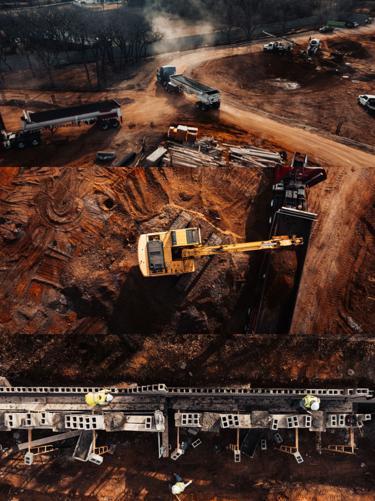 Aerial tri-frame of construction site with excavator and foundation work