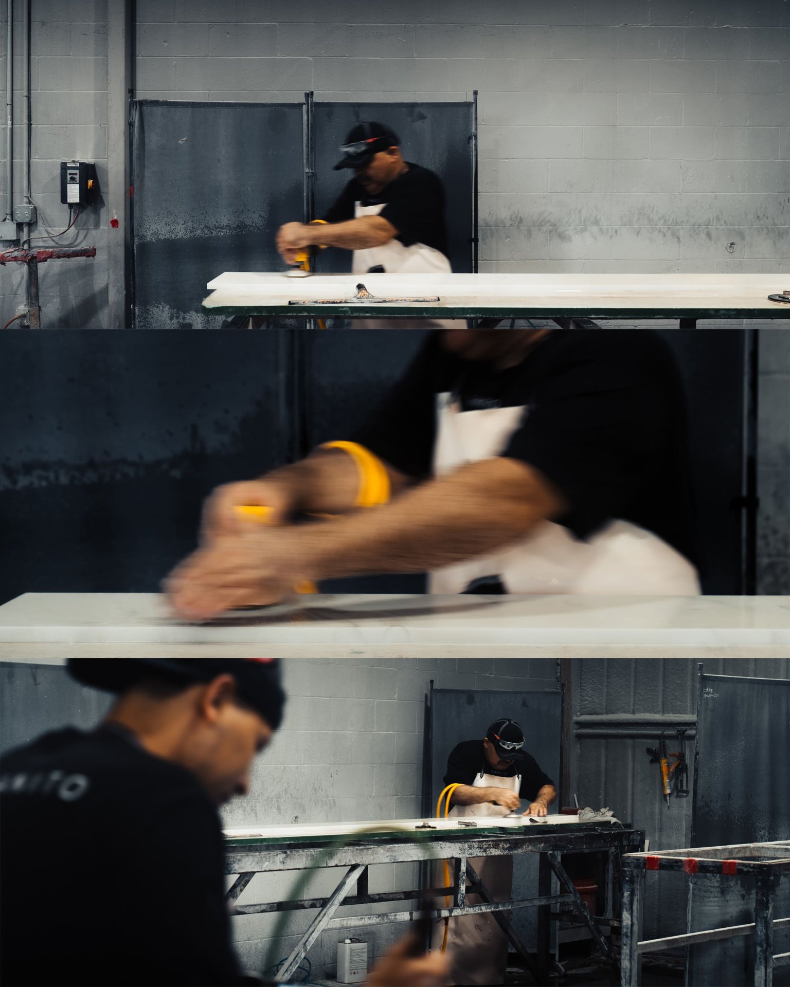 Tri-frame stone fabrication sequence in workshop